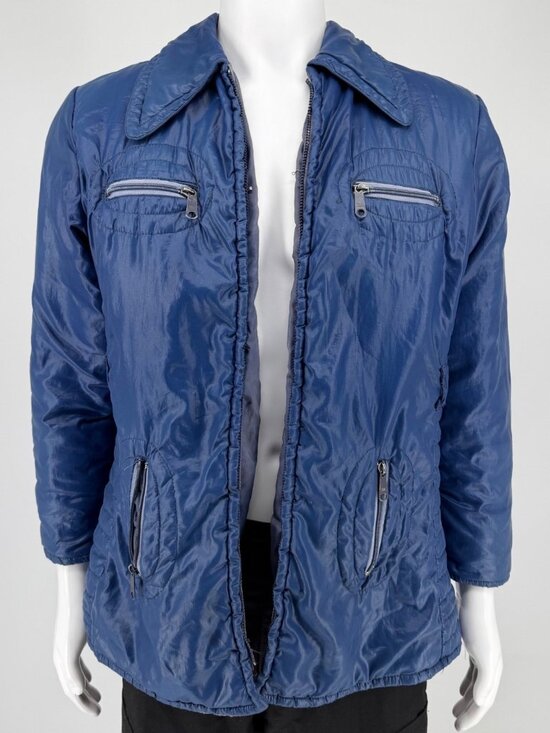 Vintage 1970s Sears Men's Blue Nylon Zip-Pocket Insulated Jacket (Medium)